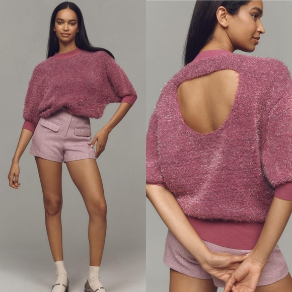 Maeve Sweaters - Anthropologie Maeve Violetta Short Sleeve Tinsel Sweater In Pink SZ XL NWT